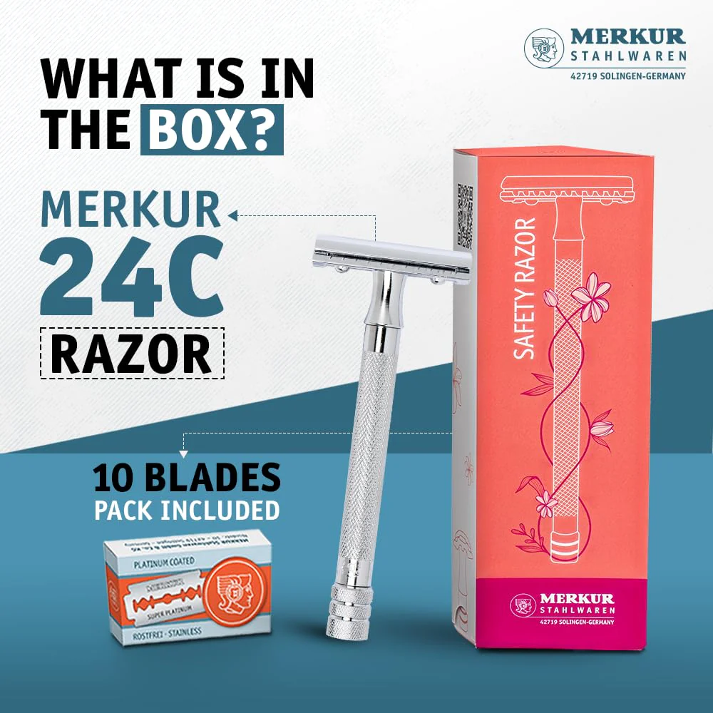 Merkur DE Razor, Straight Comb, Long Handle, Bright Chrome, incl. 10 blades - Image 2