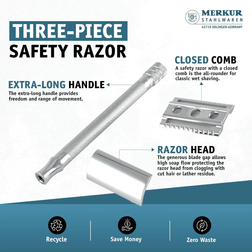 Merkur DE Razor, Straight Comb, Long Handle, Bright Chrome, incl. 10 blades - Image 3