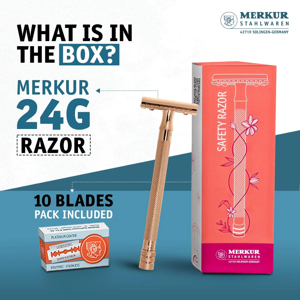 Merkur DE Razor, Straight Comb, Long Handle, Bright Chrome / PVD Rosegold - Image 2