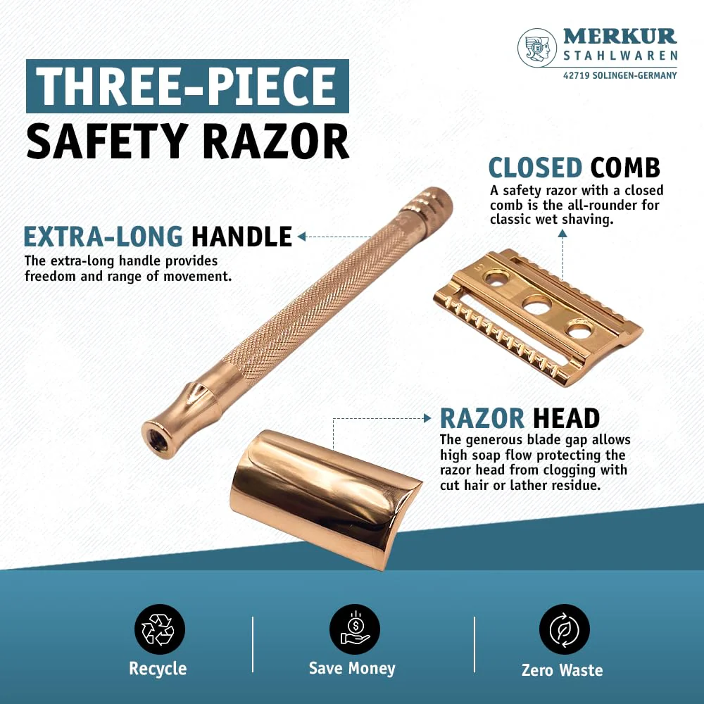 Merkur DE Razor, Straight Comb, Long Handle, Bright Chrome / PVD Rosegold - Image 3