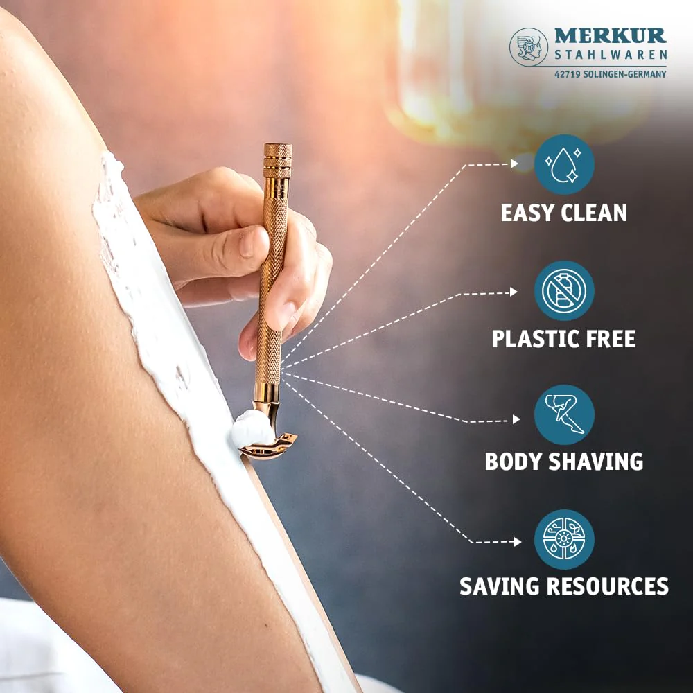 Merkur DE Razor, Straight Comb, Long Handle, Bright Chrome / PVD Rosegold - Image 4