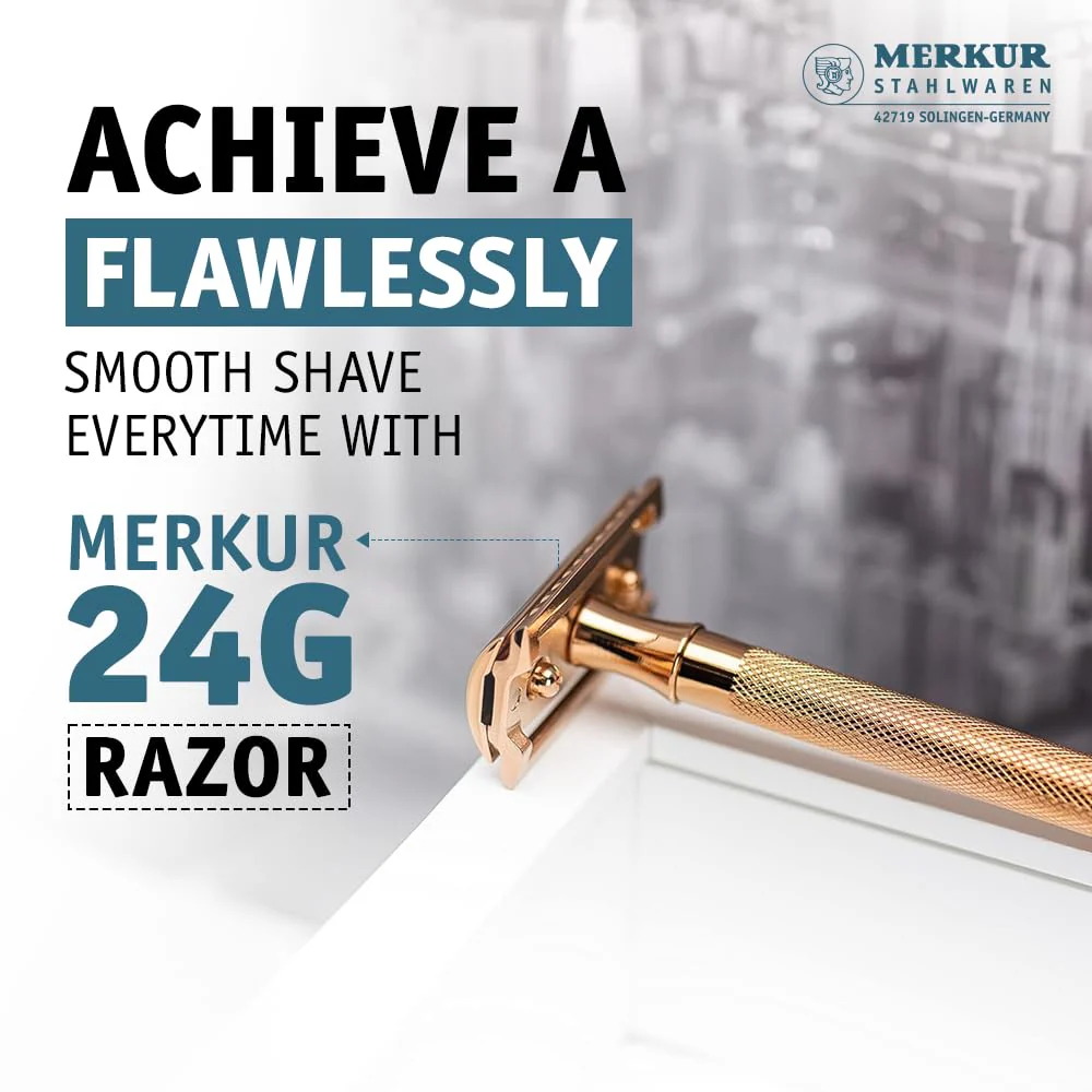 Merkur DE Razor, Straight Comb, Long Handle, Bright Chrome / PVD Rosegold - Image 5