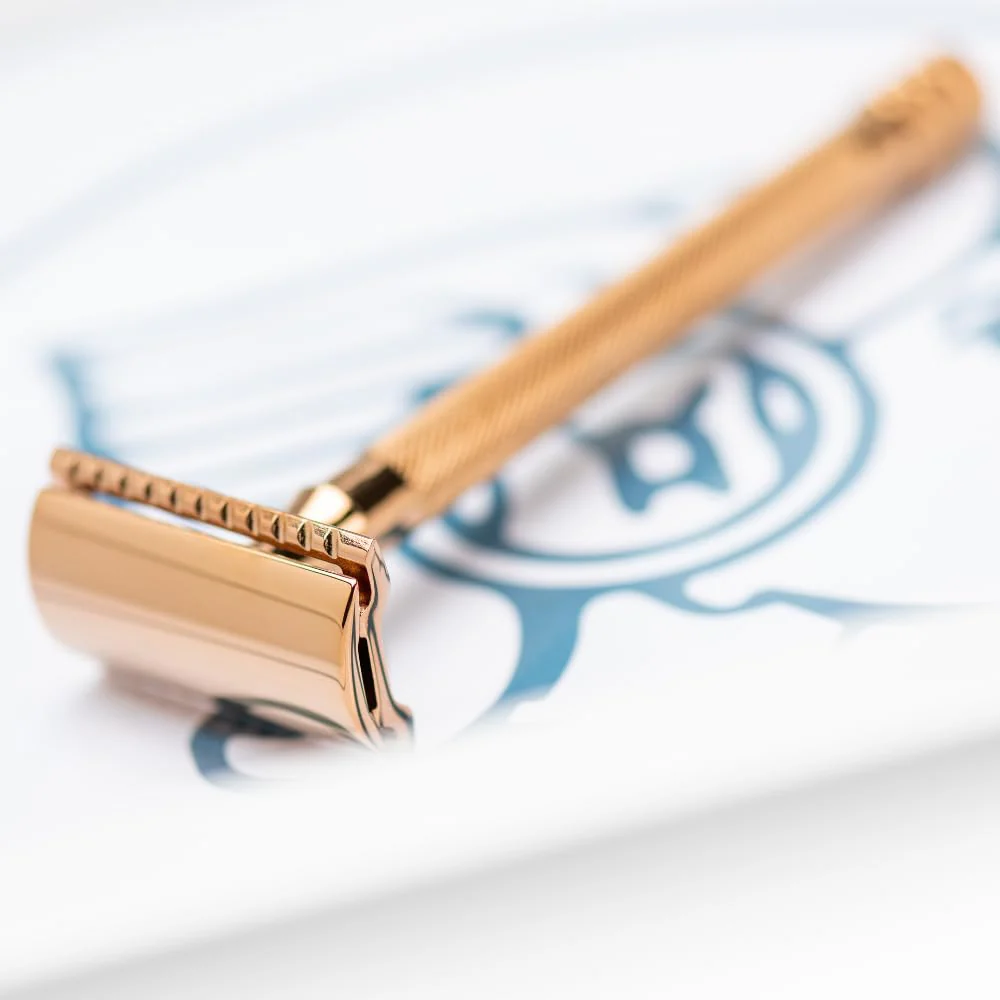 Merkur DE Razor, Straight Comb, Long Handle, Bright Chrome / PVD Rosegold - Image 7